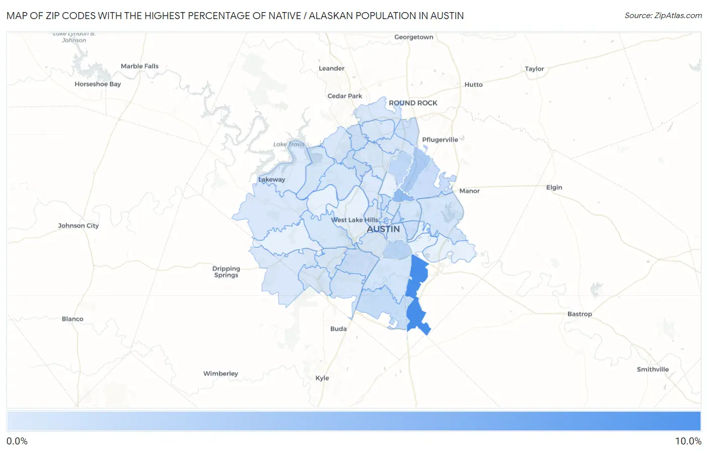 Zip Codes with the Highest Percentage of Native / Alaskan Population in Austin Map