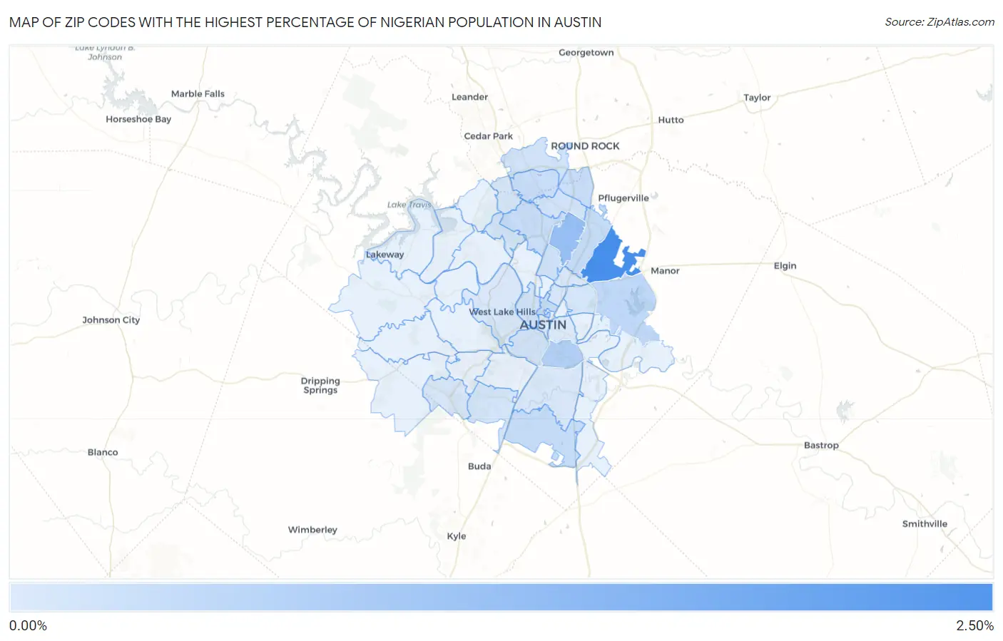Zip Codes with the Highest Percentage of Nigerian Population in Austin Map