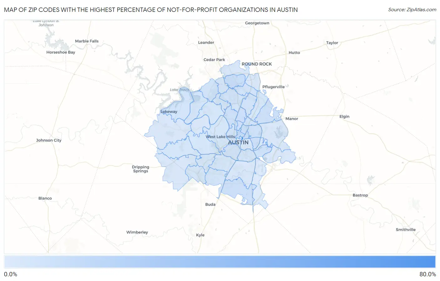 Zip Codes with the Highest Percentage of Not-for-profit Organizations in Austin Map