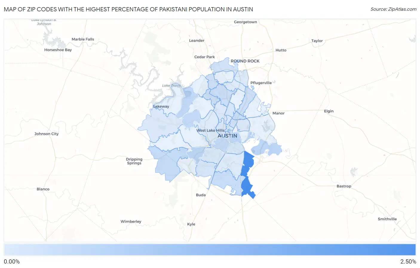 Zip Codes with the Highest Percentage of Pakistani Population in Austin Map