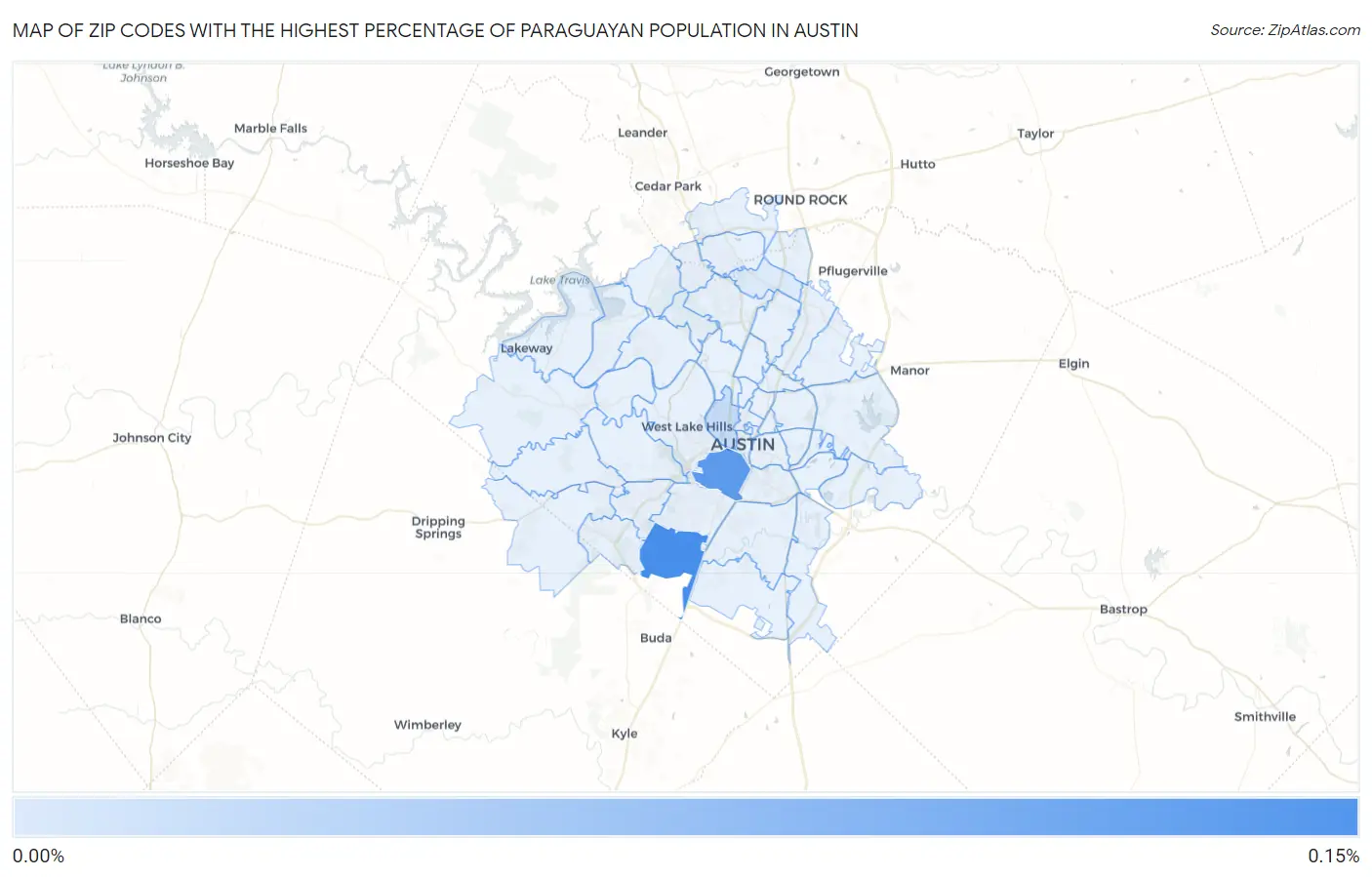 Zip Codes with the Highest Percentage of Paraguayan Population in Austin Map