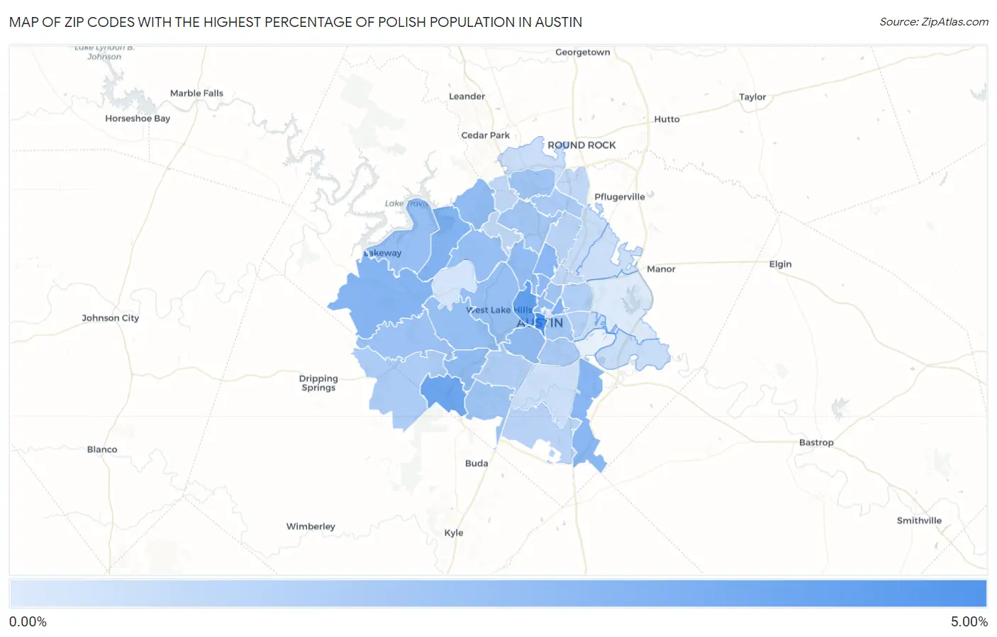 Zip Codes with the Highest Percentage of Polish Population in Austin Map