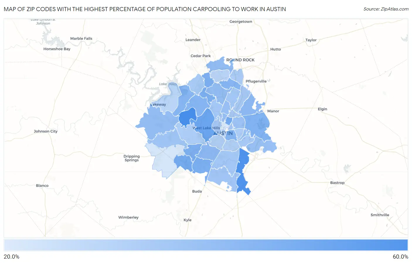 Zip Codes with the Highest Percentage of Population Carpooling to Work in Austin Map