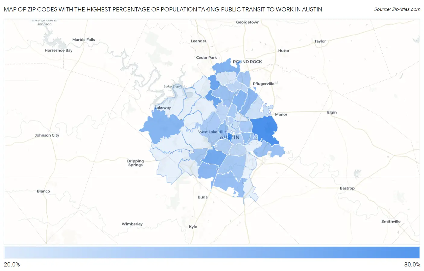 Zip Codes with the Highest Percentage of Population Taking Public Transit to Work in Austin Map