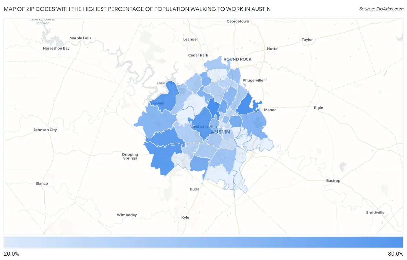 Zip Codes with the Highest Percentage of Population Walking to Work in Austin Map