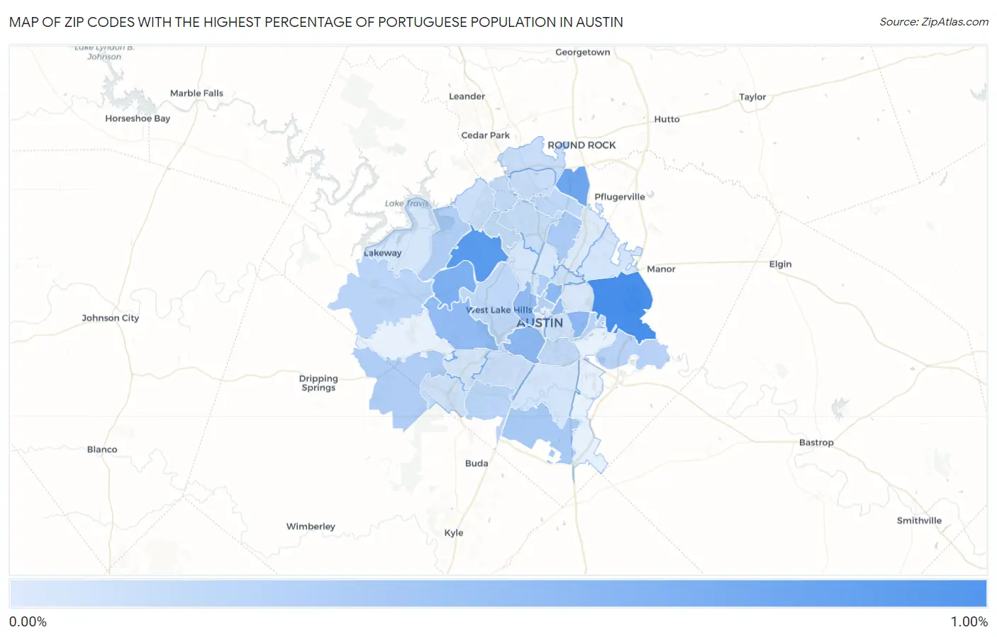 Zip Codes with the Highest Percentage of Portuguese Population in Austin Map