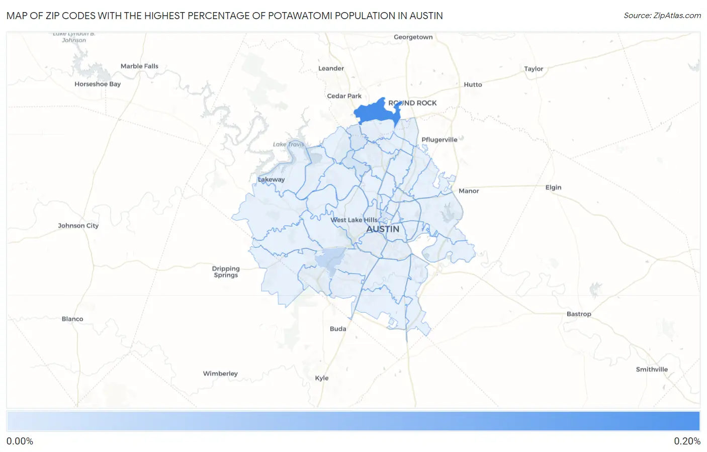 Zip Codes with the Highest Percentage of Potawatomi Population in Austin Map