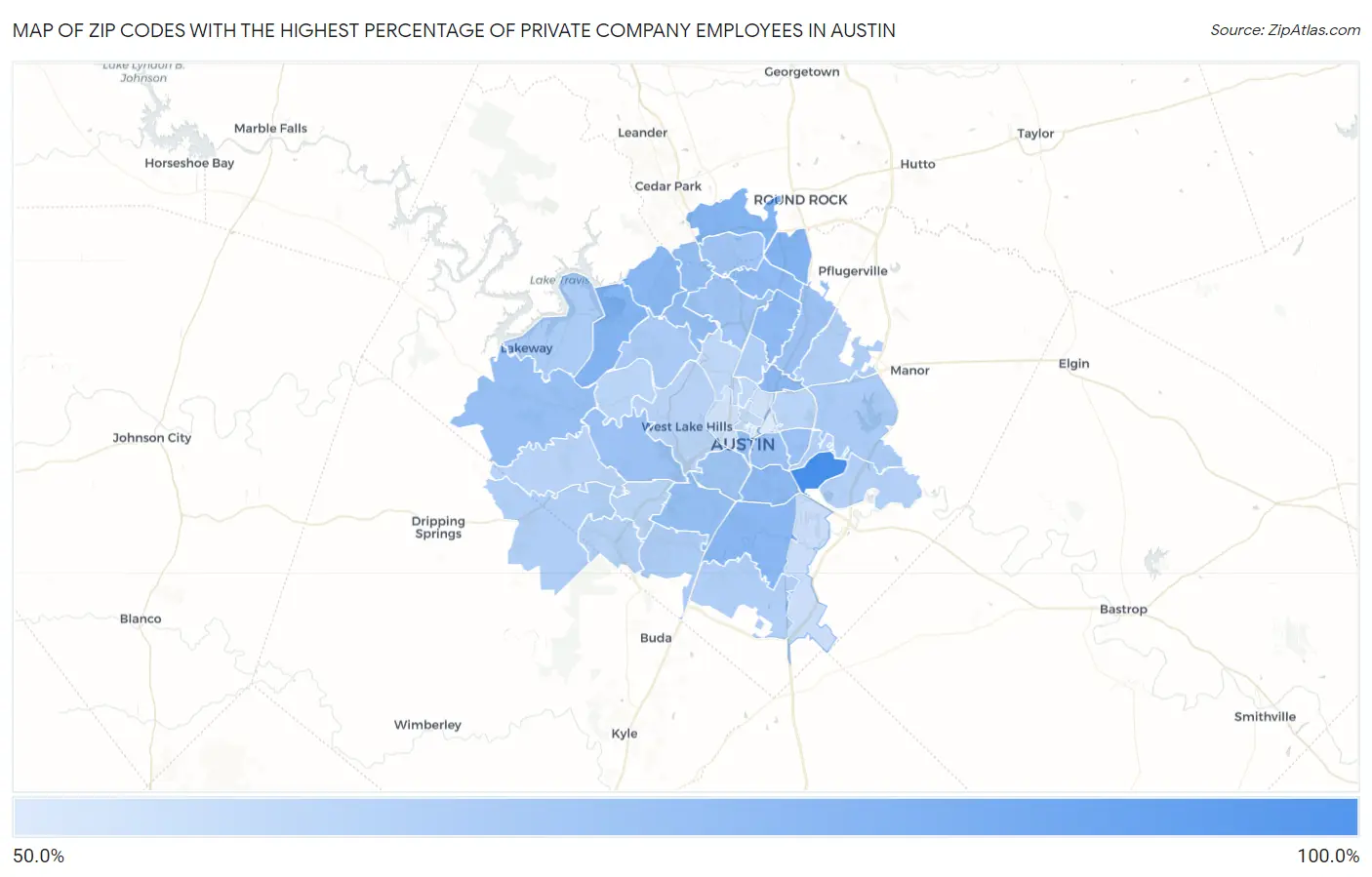 Zip Codes with the Highest Percentage of Private Company Employees in Austin Map
