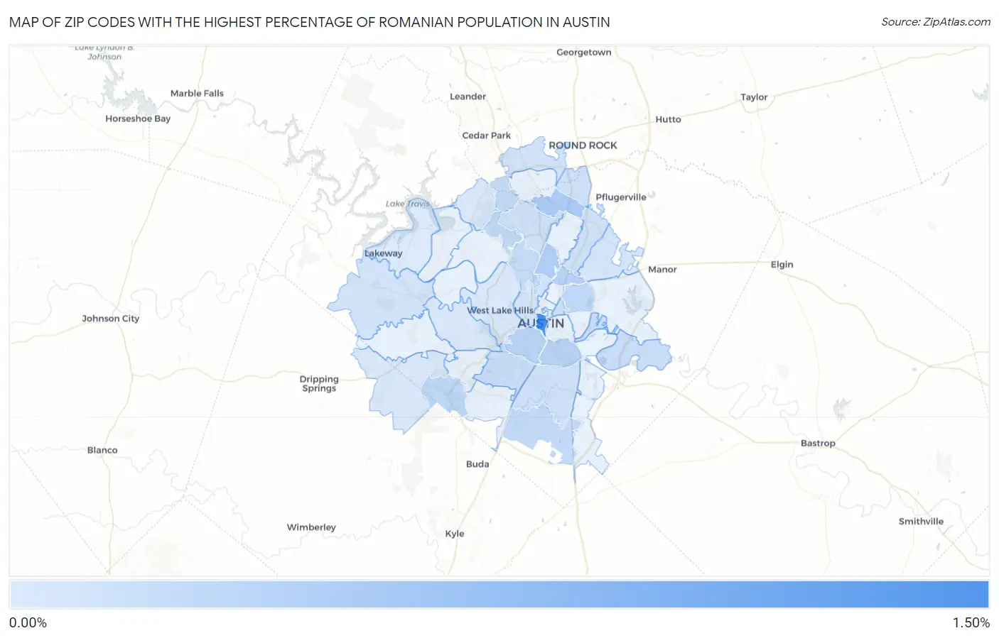 Zip Codes with the Highest Percentage of Romanian Population in Austin Map