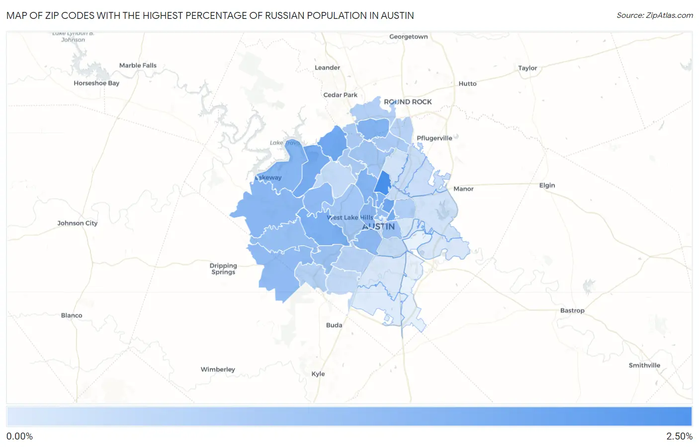 Zip Codes with the Highest Percentage of Russian Population in Austin Map