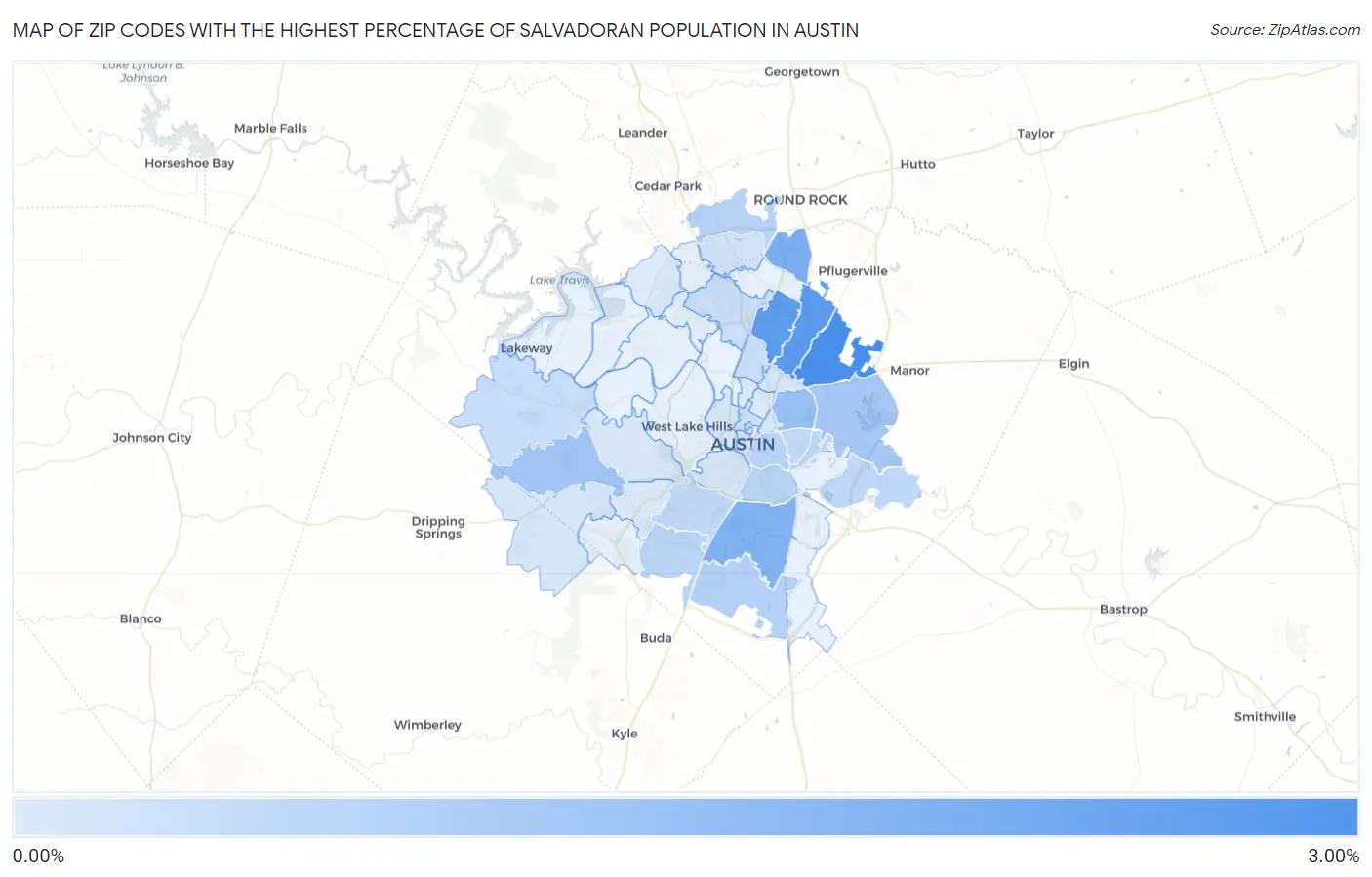 Zip Codes with the Highest Percentage of Salvadoran Population in Austin Map
