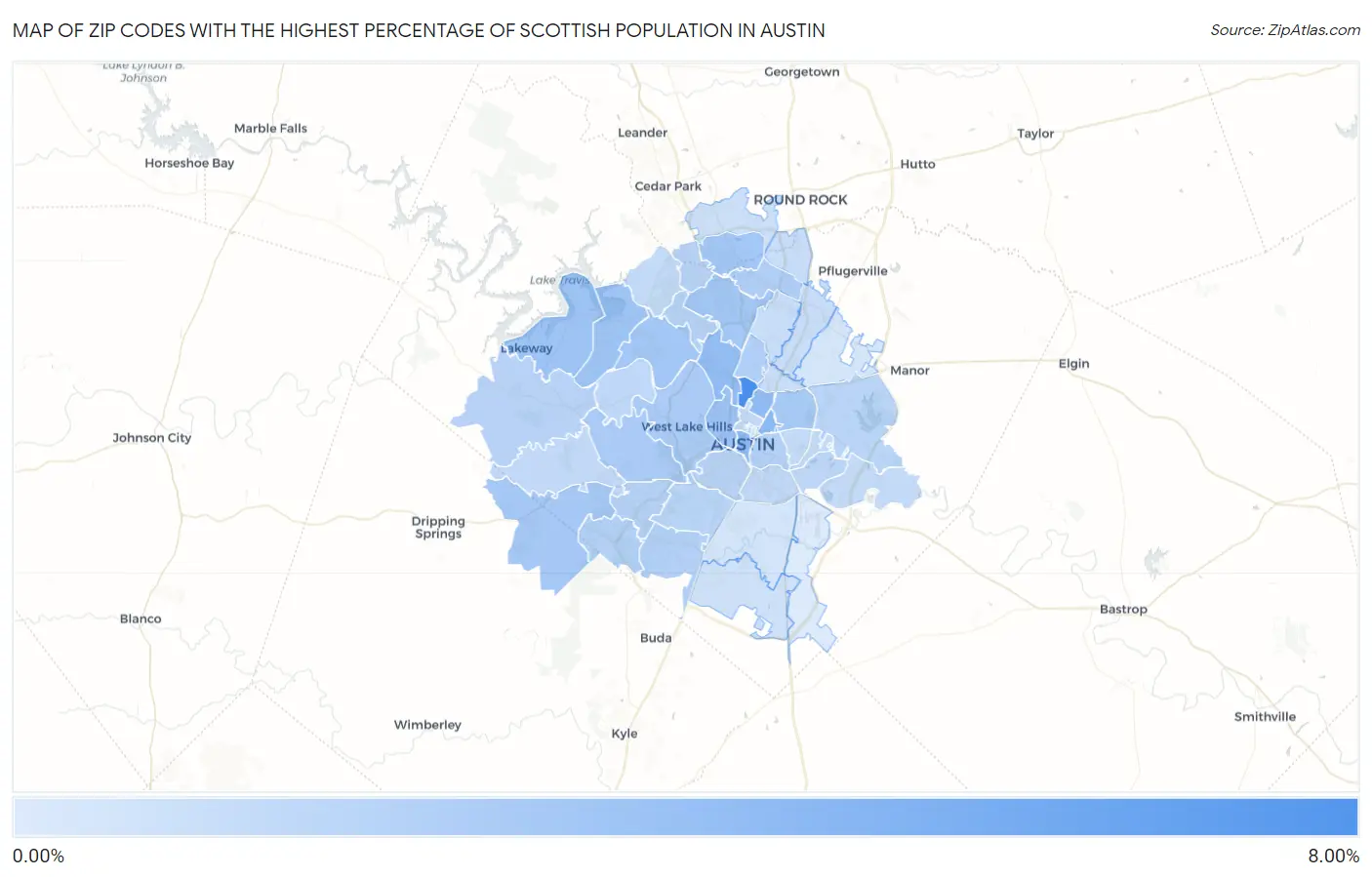 Zip Codes with the Highest Percentage of Scottish Population in Austin Map