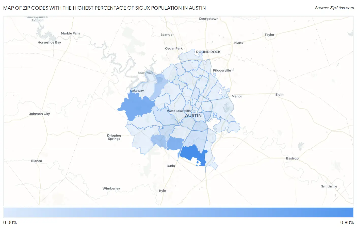 Zip Codes with the Highest Percentage of Sioux Population in Austin Map
