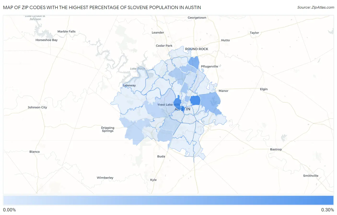 Zip Codes with the Highest Percentage of Slovene Population in Austin Map