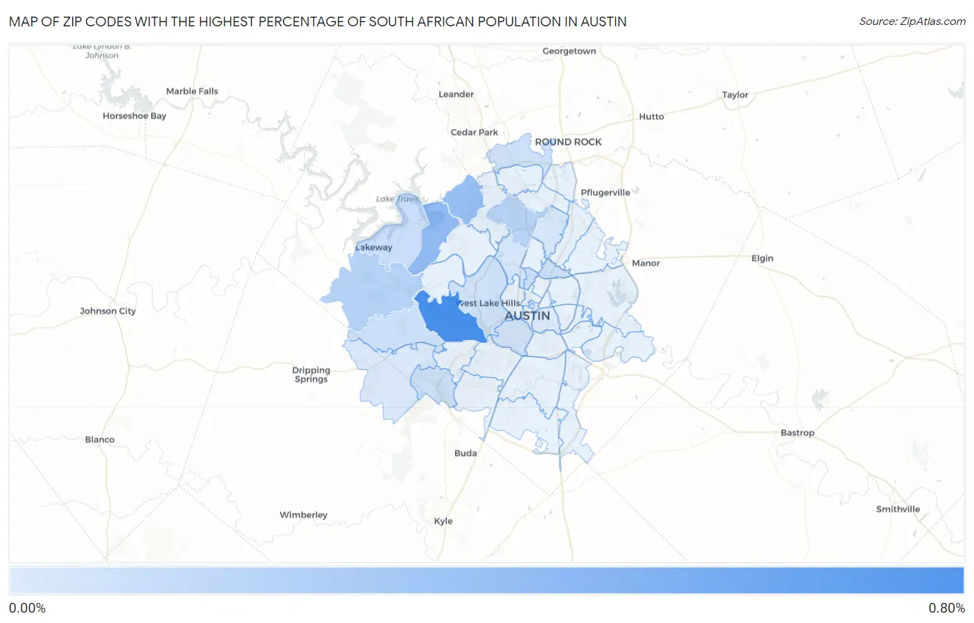 Zip Codes with the Highest Percentage of South African Population in Austin Map