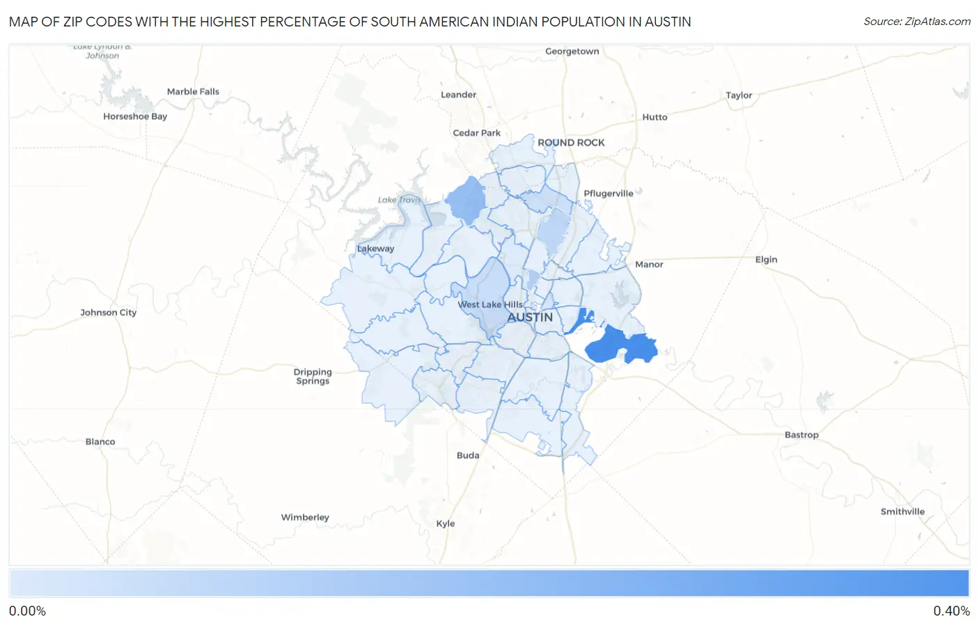 Zip Codes with the Highest Percentage of South American Indian Population in Austin Map