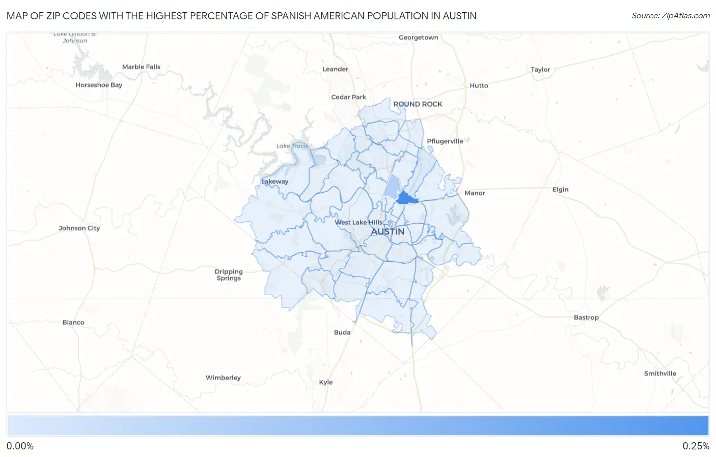 Zip Codes with the Highest Percentage of Spanish American Population in Austin Map