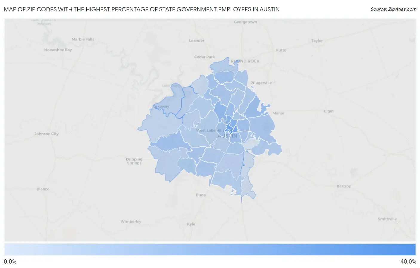 Zip Codes with the Highest Percentage of State Government Employees in Austin Map