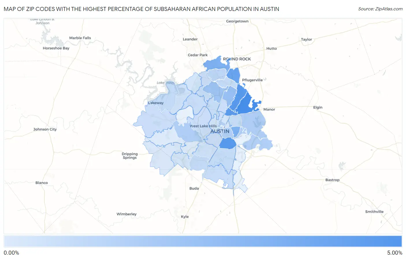 Zip Codes with the Highest Percentage of Subsaharan African Population in Austin Map