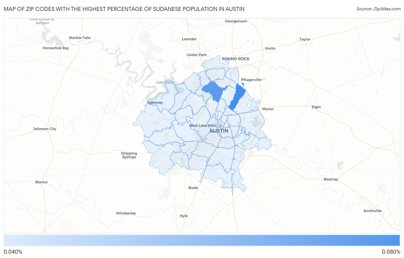 Zip Codes with the Highest Percentage of Sudanese Population in Austin Map
