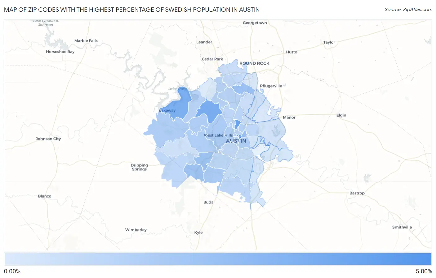Zip Codes with the Highest Percentage of Swedish Population in Austin Map