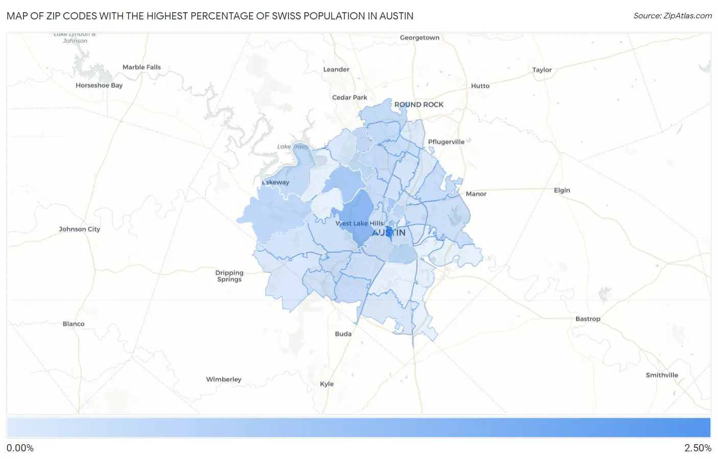 Zip Codes with the Highest Percentage of Swiss Population in Austin Map
