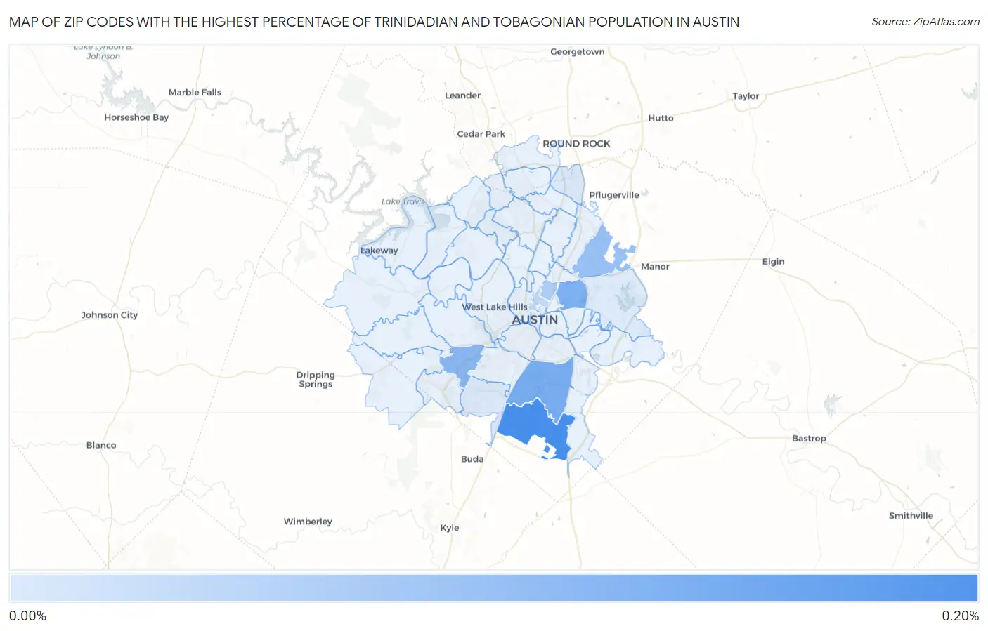 Zip Codes with the Highest Percentage of Trinidadian and Tobagonian Population in Austin Map