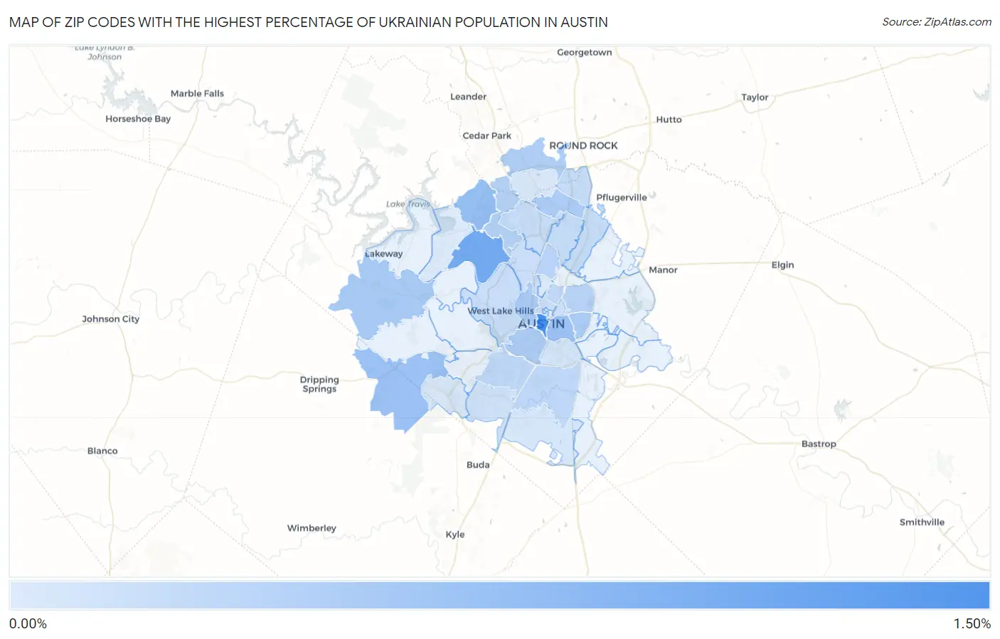 Zip Codes with the Highest Percentage of Ukrainian Population in Austin Map