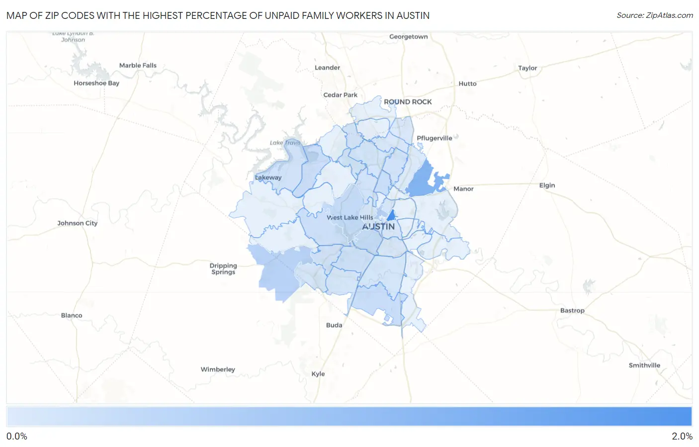 Zip Codes with the Highest Percentage of Unpaid Family Workers in Austin Map