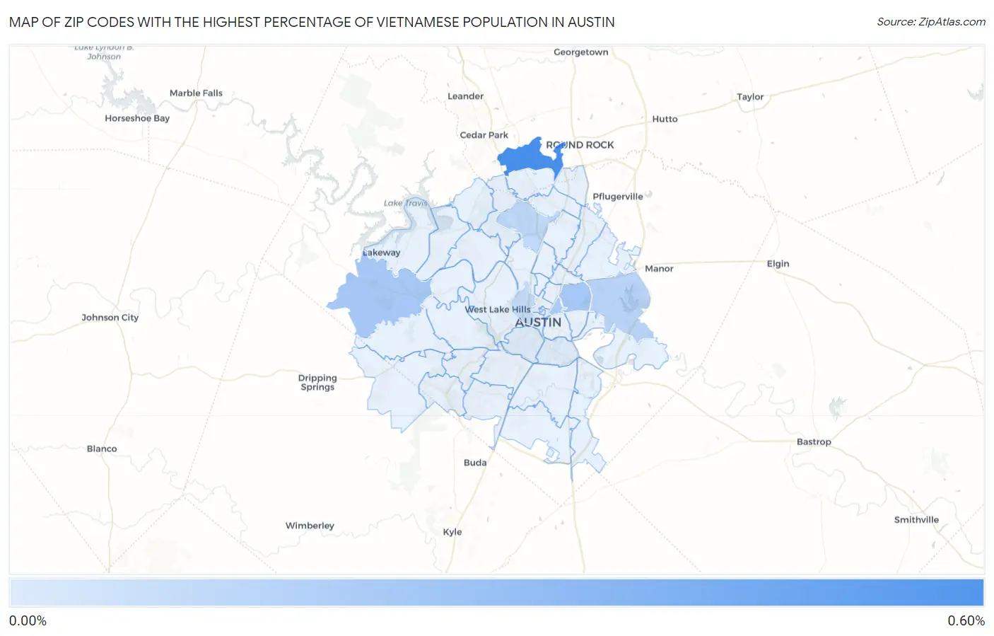 Zip Codes with the Highest Percentage of Vietnamese Population in Austin Map