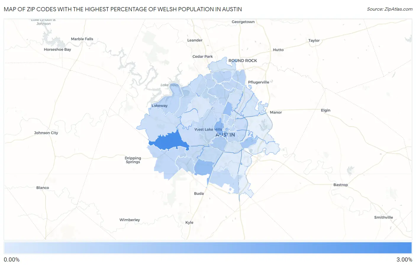 Zip Codes with the Highest Percentage of Welsh Population in Austin Map