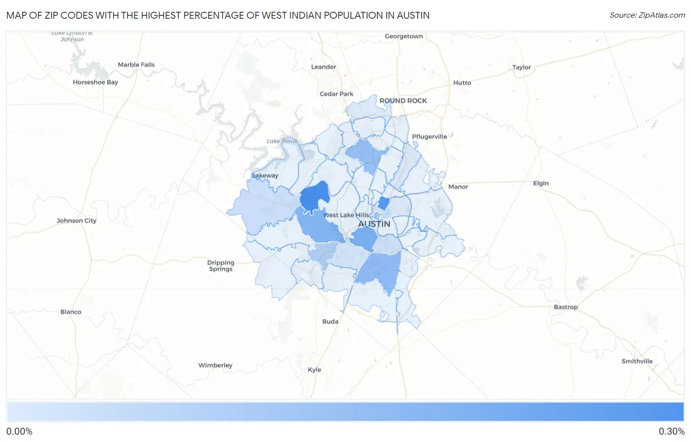 Zip Codes with the Highest Percentage of West Indian Population in Austin Map