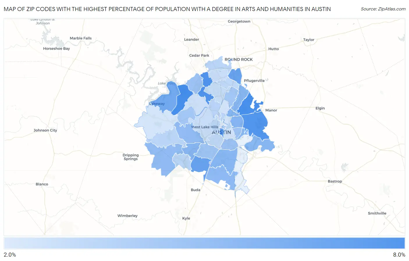 Zip Codes with the Highest Percentage of Population with a Degree in Arts and Humanities in Austin Map