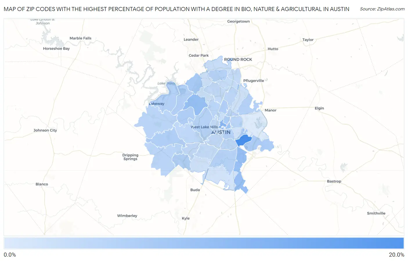 Zip Codes with the Highest Percentage of Population with a Degree in Bio, Nature & Agricultural in Austin Map