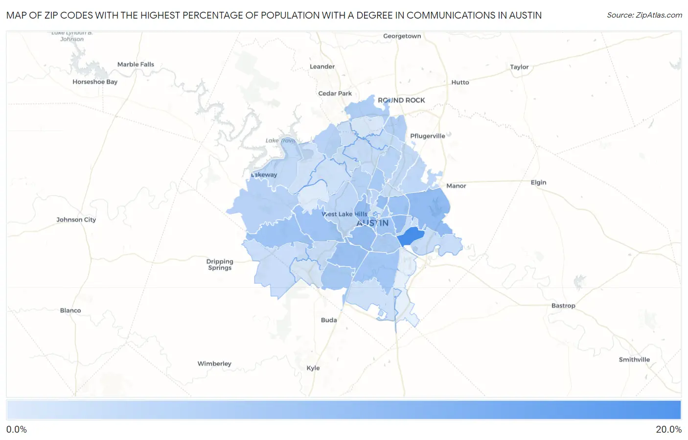 Zip Codes with the Highest Percentage of Population with a Degree in Communications in Austin Map