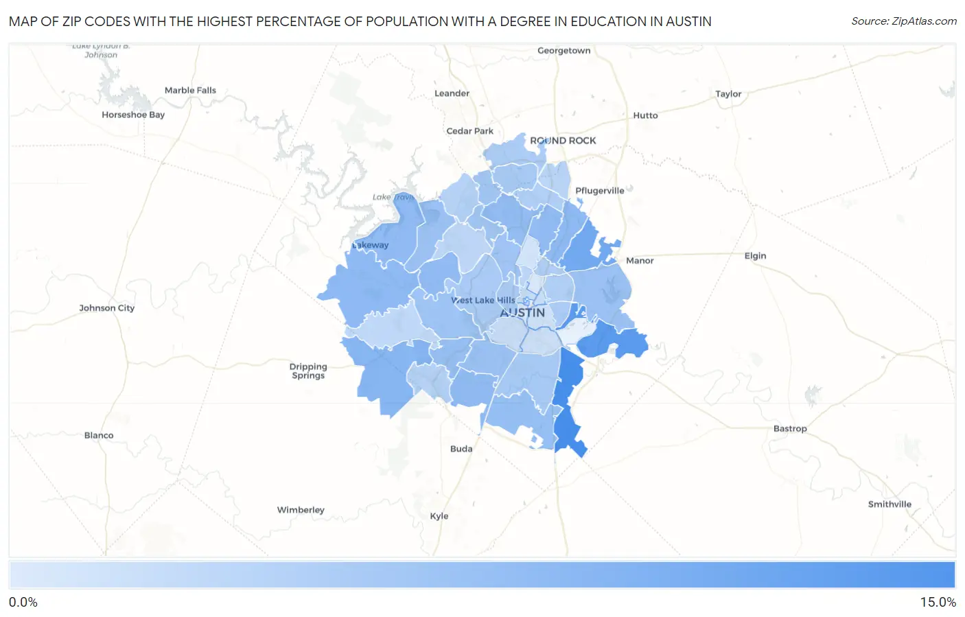 Zip Codes with the Highest Percentage of Population with a Degree in Education in Austin Map