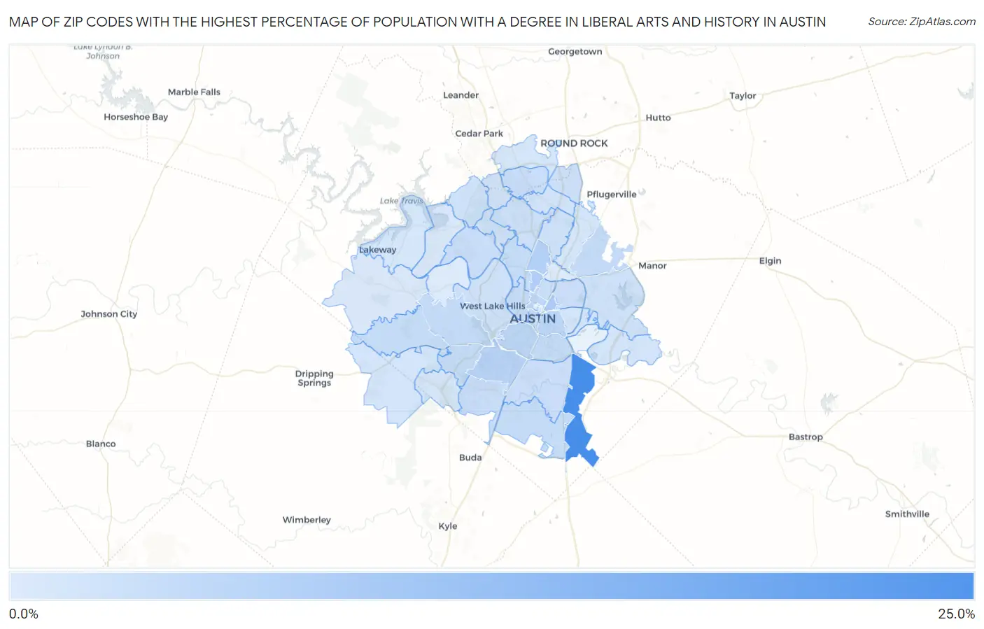 Zip Codes with the Highest Percentage of Population with a Degree in Liberal Arts and History in Austin Map
