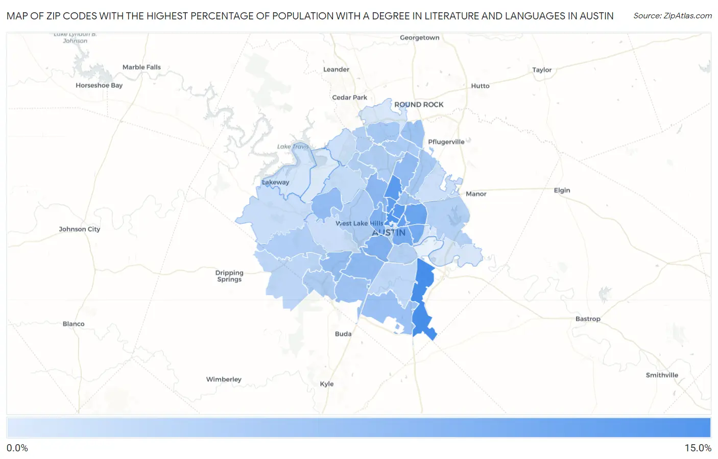 Zip Codes with the Highest Percentage of Population with a Degree in Literature and Languages in Austin Map
