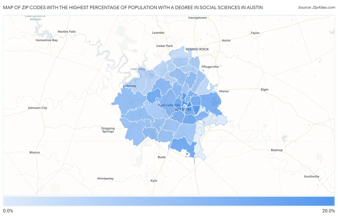 Zip Codes with the Highest Percentage of Population with a Degree in Social Sciences in Austin Map