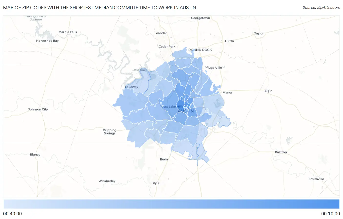 Zip Codes with the Shortest Median Commute Time to Work in Austin Map