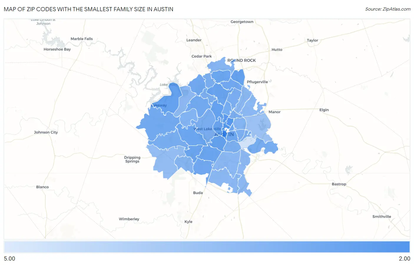 Zip Codes with the Smallest Family Size in Austin Map
