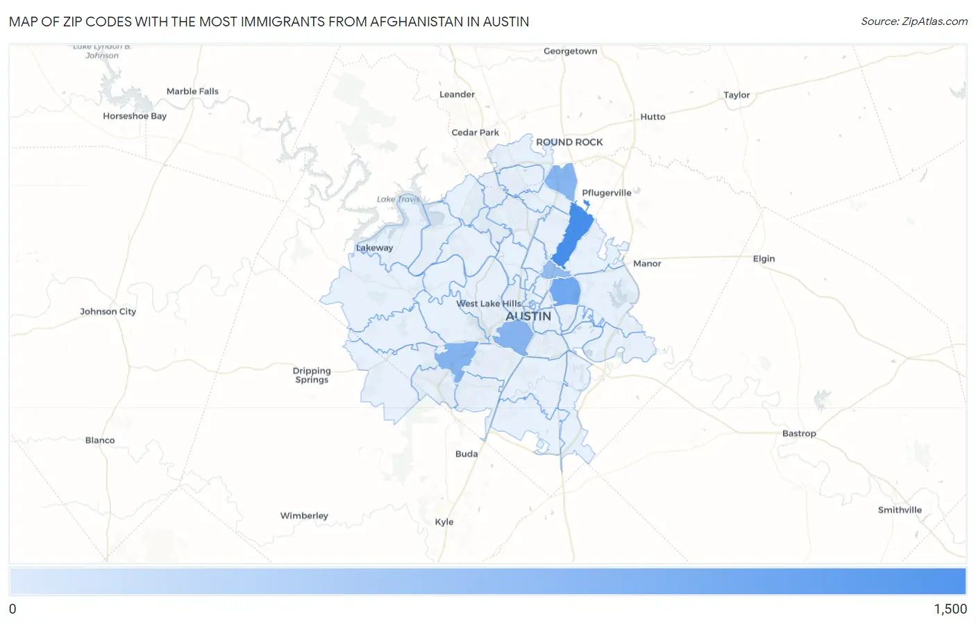 Zip Codes with the Most Immigrants from Afghanistan in Austin Map