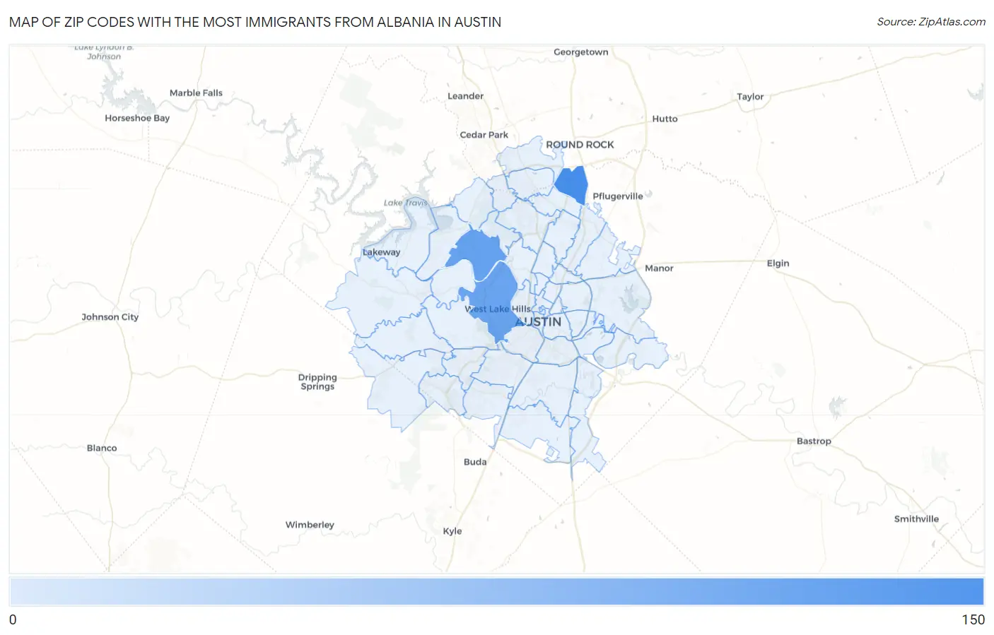 Zip Codes with the Most Immigrants from Albania in Austin Map