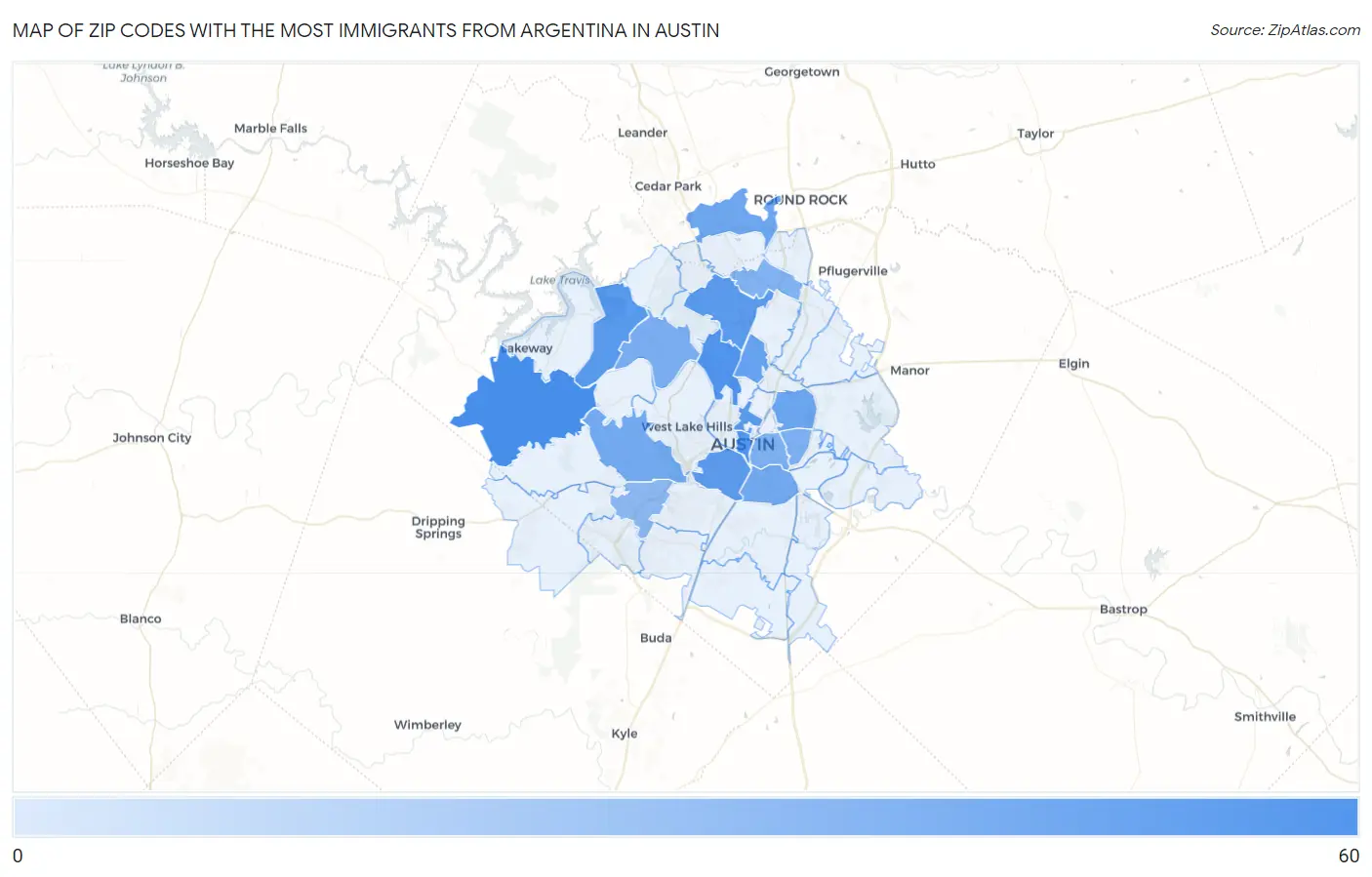 Zip Codes with the Most Immigrants from Argentina in Austin Map