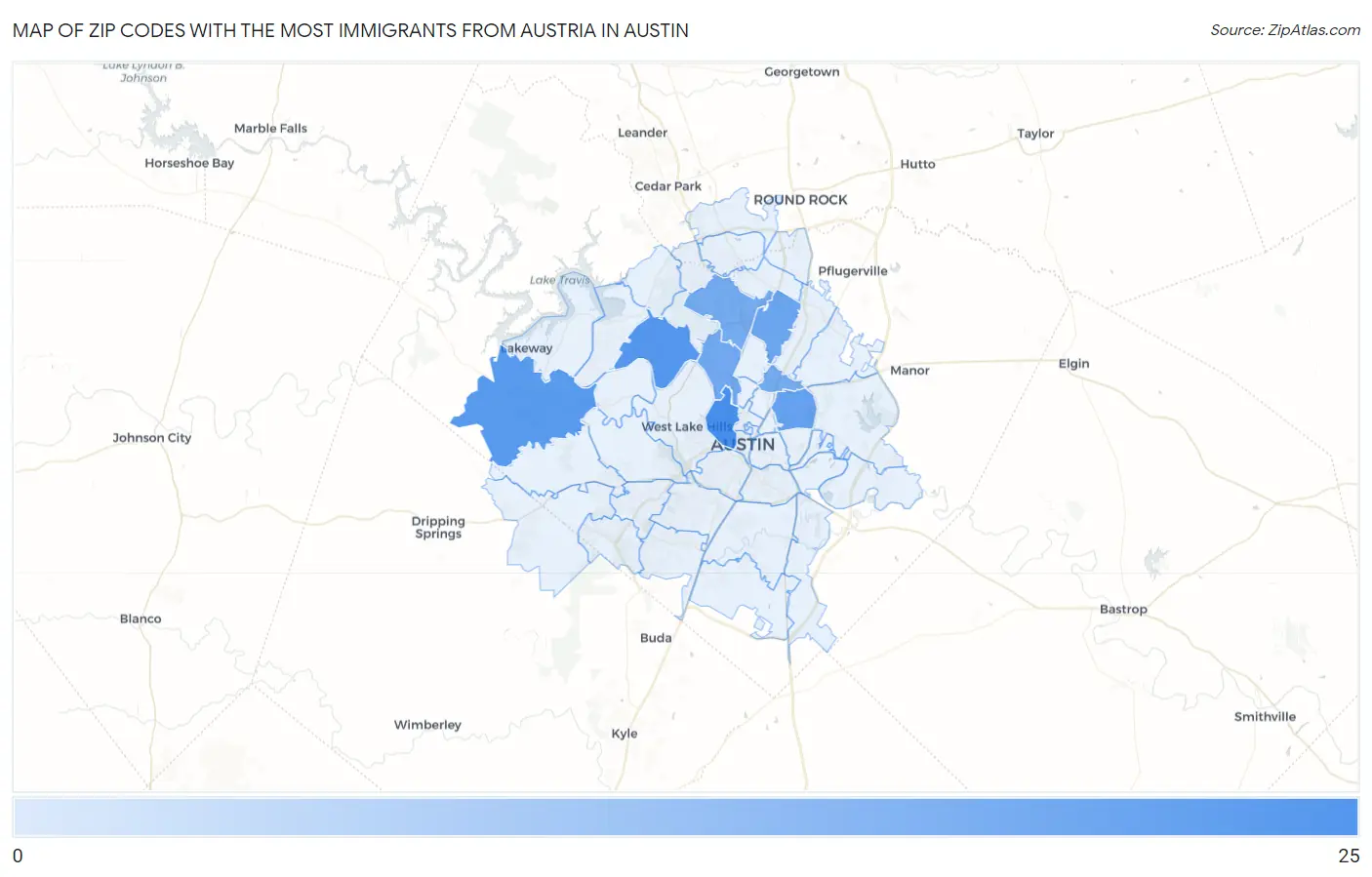 Zip Codes with the Most Immigrants from Austria in Austin Map