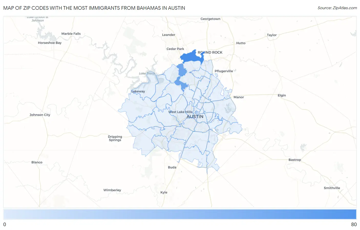 Zip Codes with the Most Immigrants from Bahamas in Austin Map