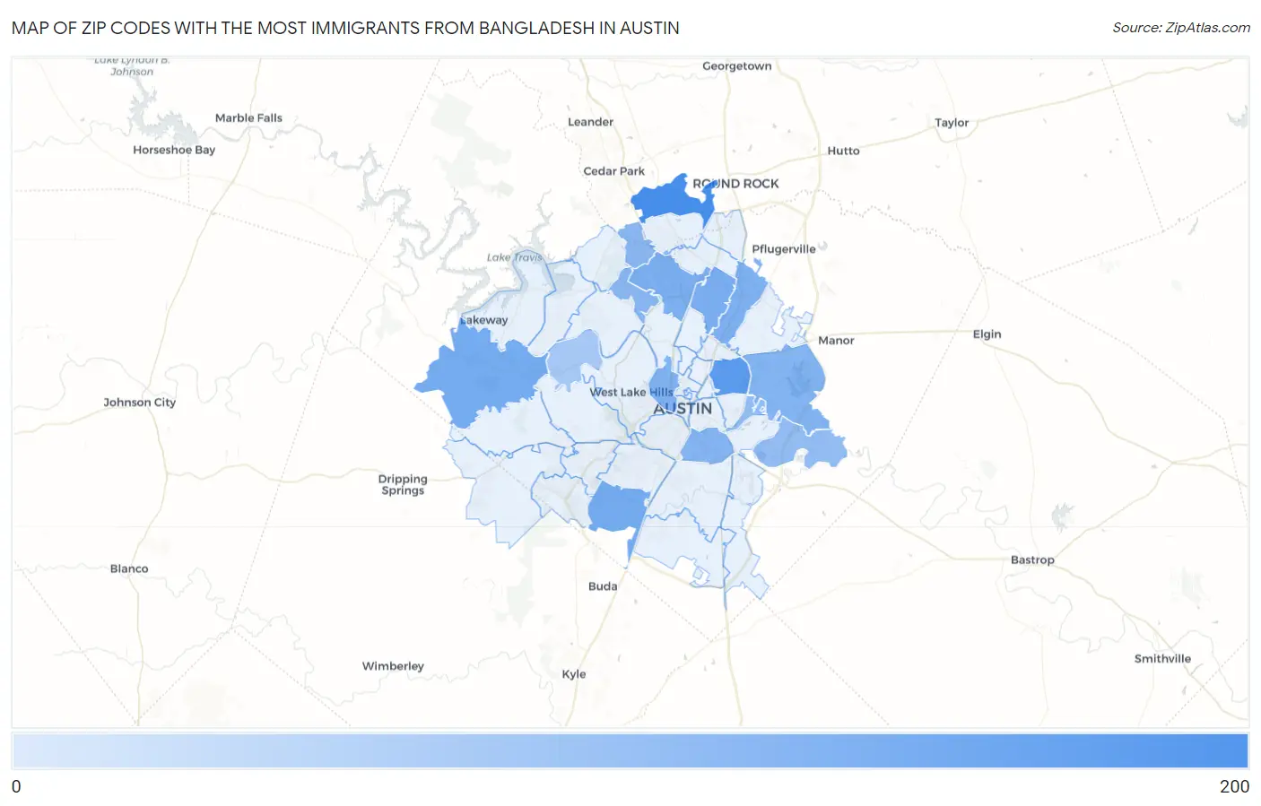 Zip Codes with the Most Immigrants from Bangladesh in Austin Map