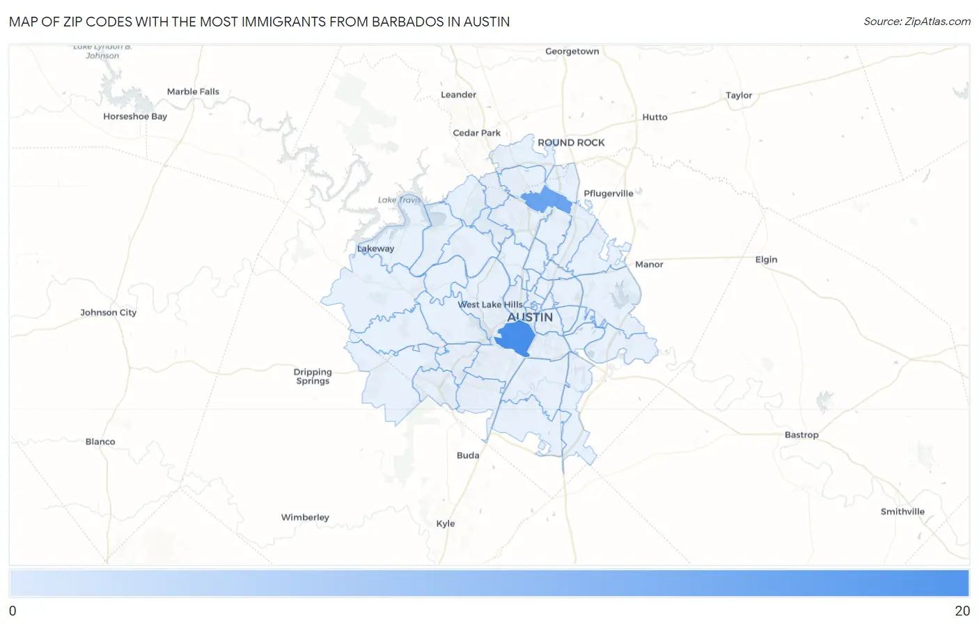 Zip Codes with the Most Immigrants from Barbados in Austin Map