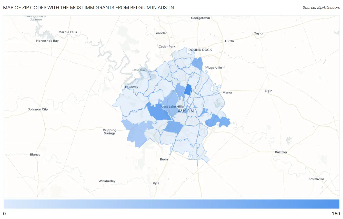 Zip Codes with the Most Immigrants from Belgium in Austin Map