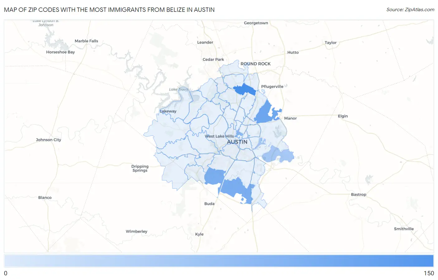 Zip Codes with the Most Immigrants from Belize in Austin Map
